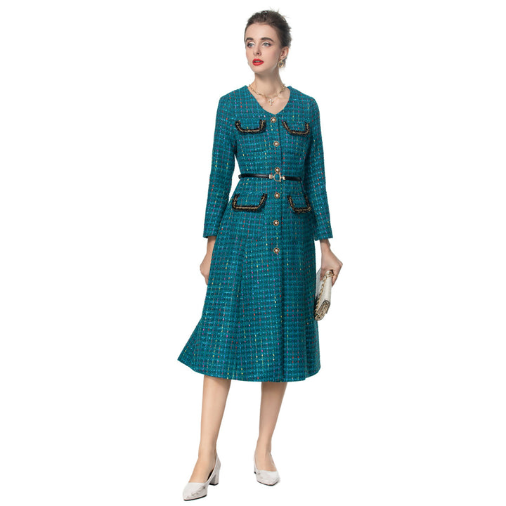 long-sleeve tweed midi dress with contrast trim – MARISEL