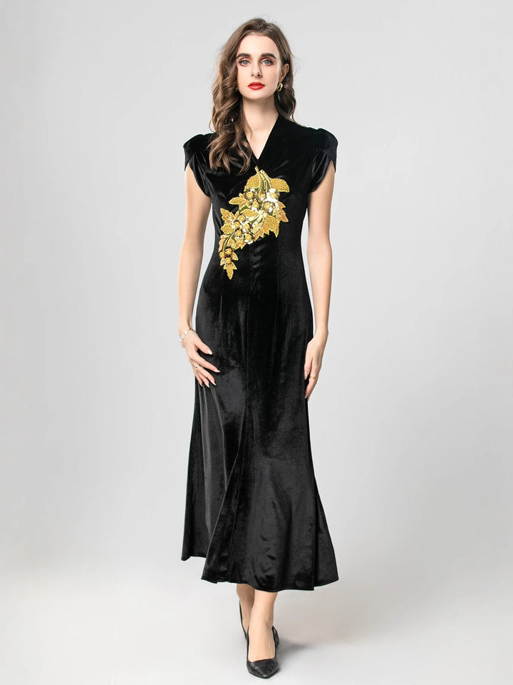 velvet gown with gold floral embroidery – AURELIA