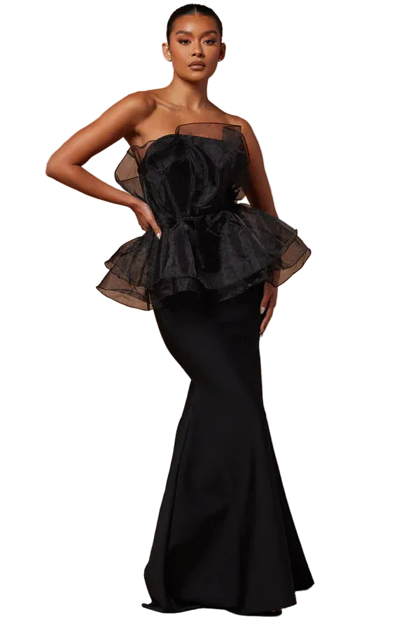 strapless peplum mermaid gown with organza overlay – BELLE