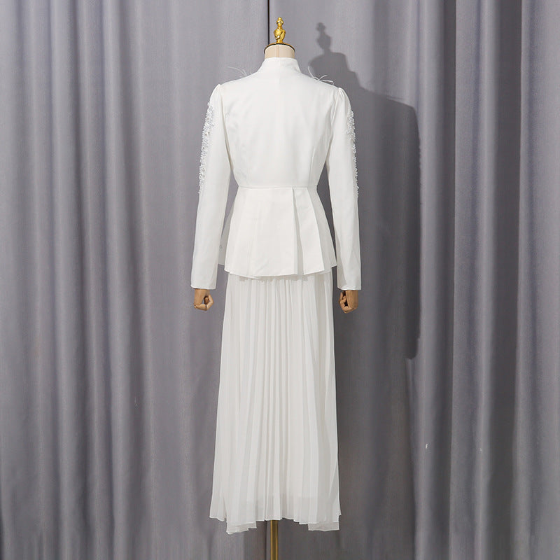 Plissiertes Oberteil mit ausgestellten Ärmeln und Maxirock-Set mit Taillengürtel – Rosiny 