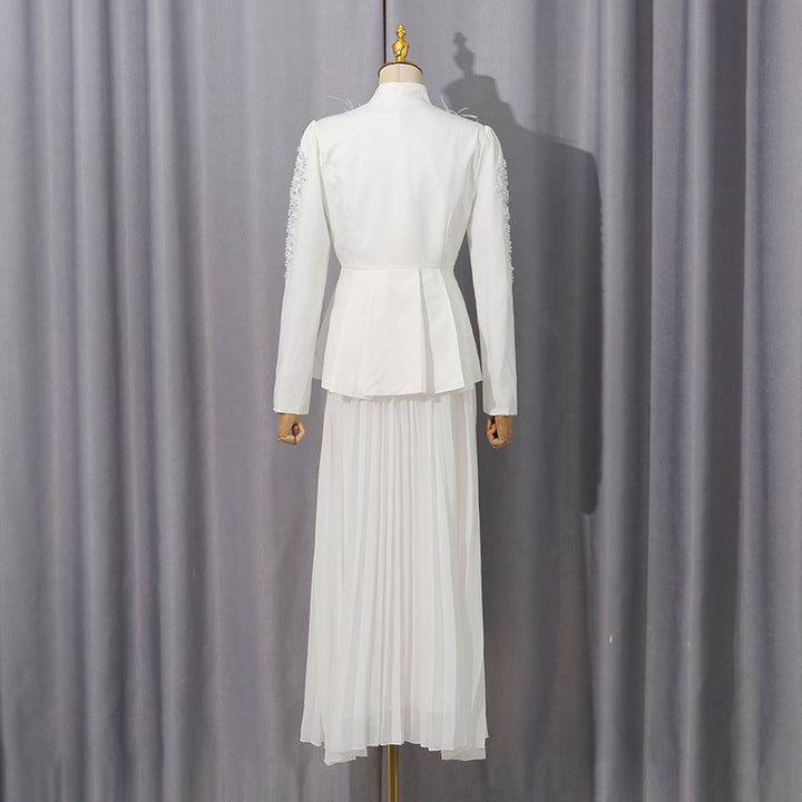 Plissiertes Oberteil mit ausgestellten Ärmeln und Maxirock-Set mit Taillengürtel – Rosiny 