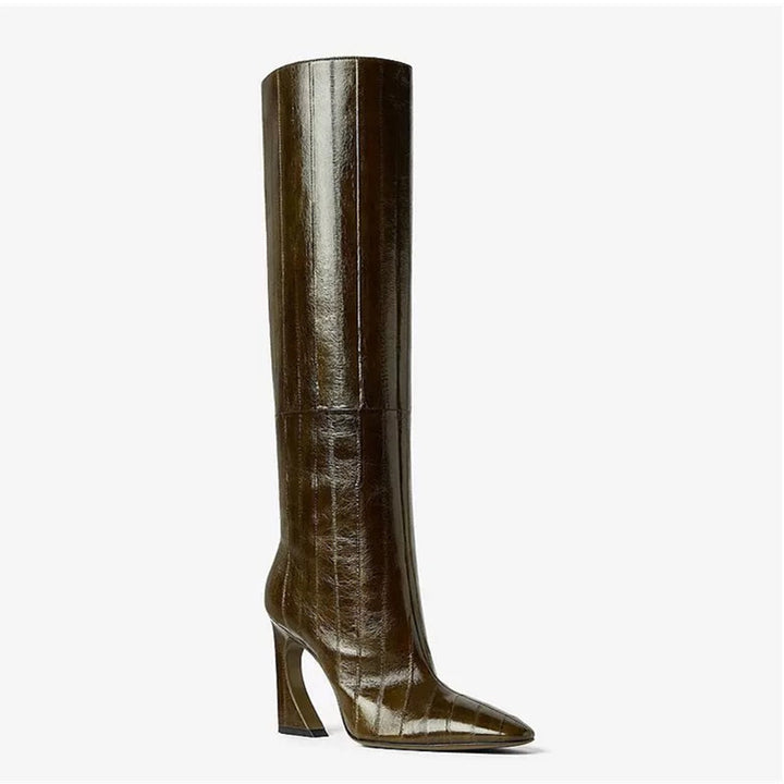 caramel knee-high leather boots with curved heel – SIENNA