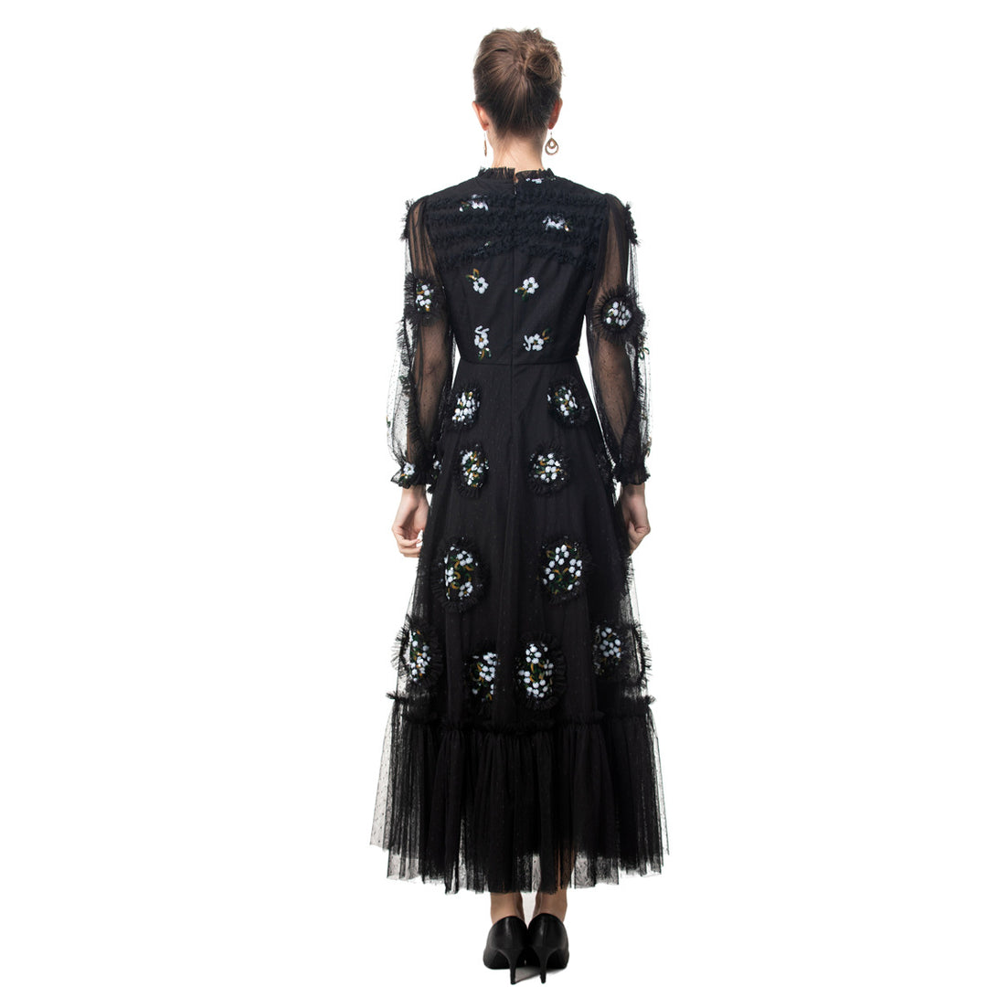 beaded tulle midi gown with sheer puff sleeves – NOIR BLOOM