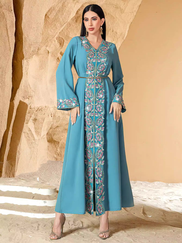 فستان ميدي غير متماثل بأكمام طويلة وياقة عالية - لون الزمرد