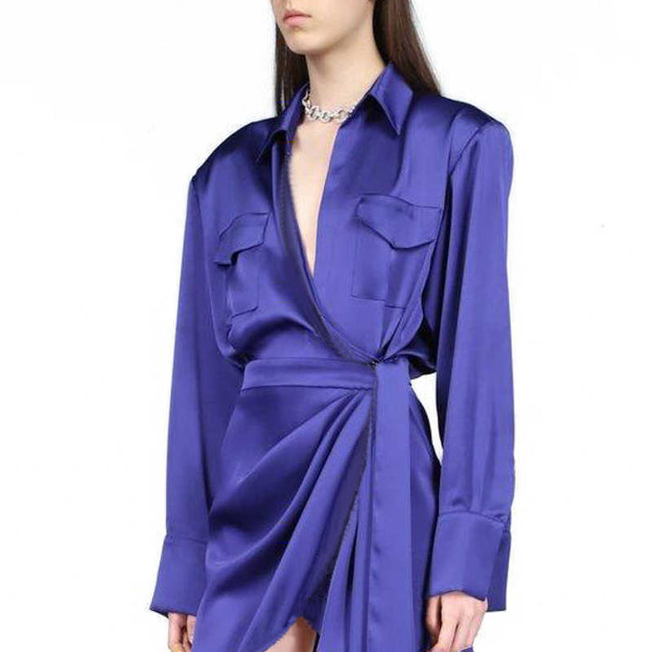 satin wrap shirt dress with utility pockets – IRIS
