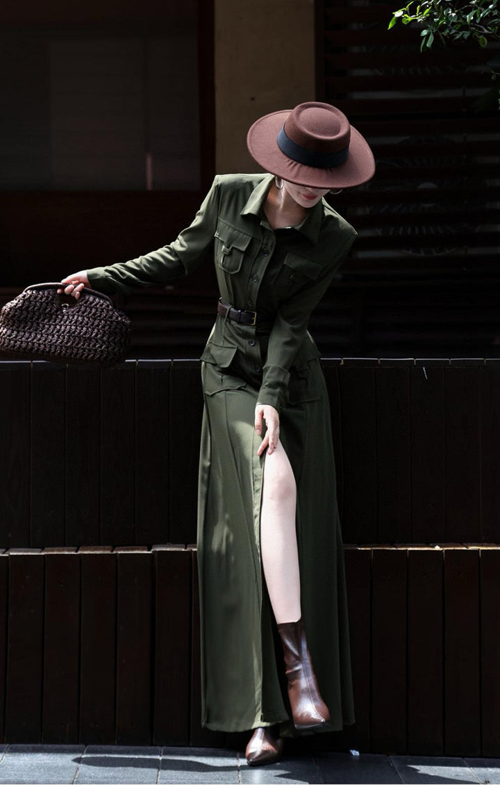 فستان عسكري ماكسي بأزرار وخصر بحزام – قيادة نوير