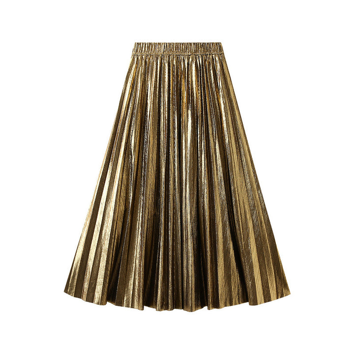 Metallic Pleated Midi Skirt with Elastic Waist – GOLD