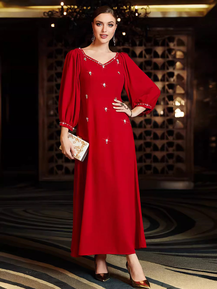 costume évasé sur mesure avec manches bouffantes en satin – VALENCIA 