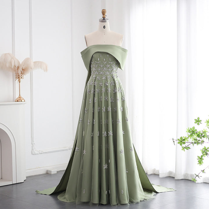 off-shoulder embroidered chiffon gown with cape train – OLIVIA