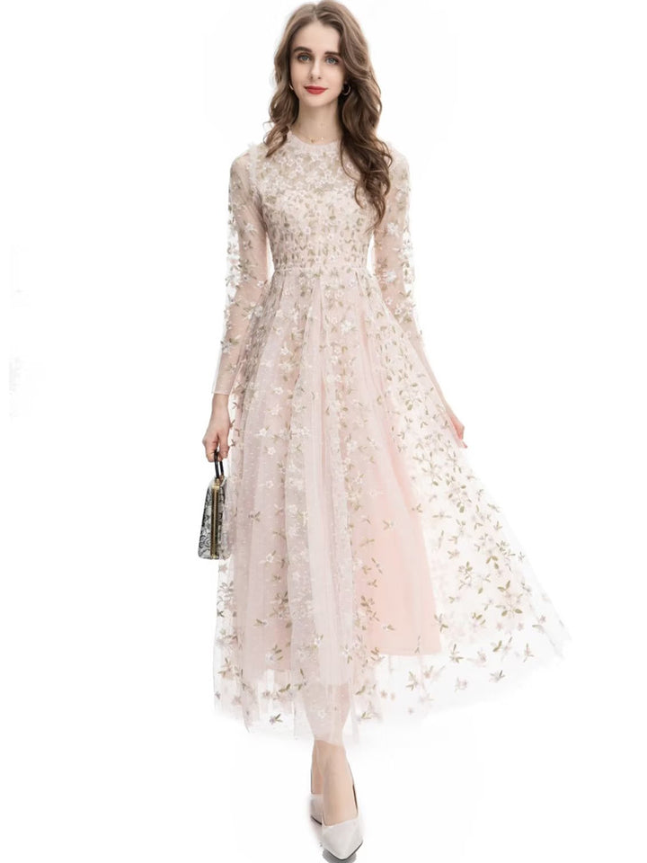 embroidered tulle midi gown with long sleeves – ORYVLA