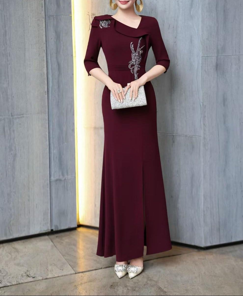 embellished draped-collar mermaid dress – ROYAL FUCHSIA