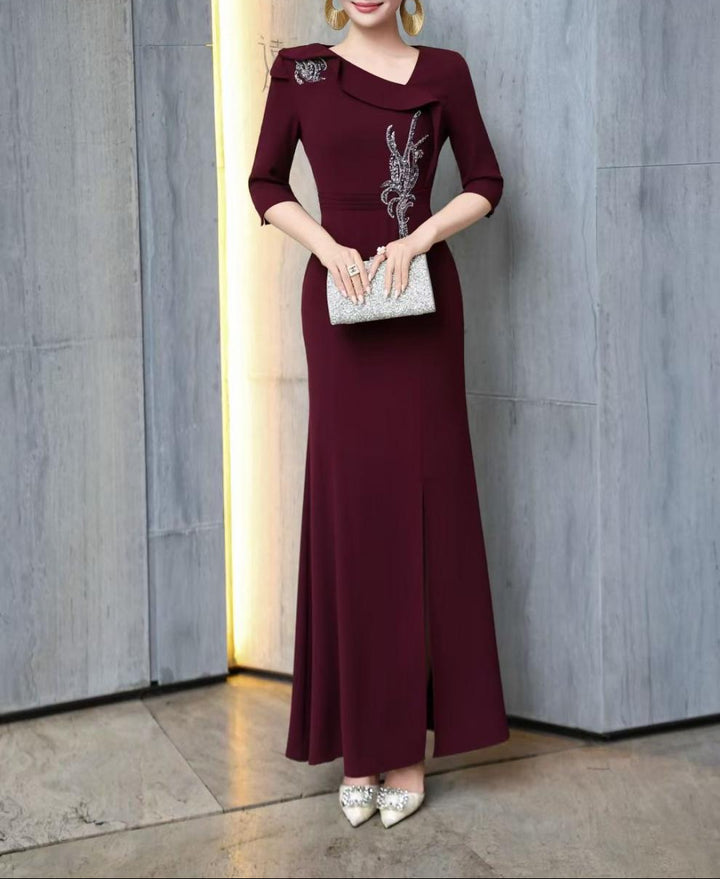 embellished draped-collar mermaid dress – ROYAL FUCHSIA