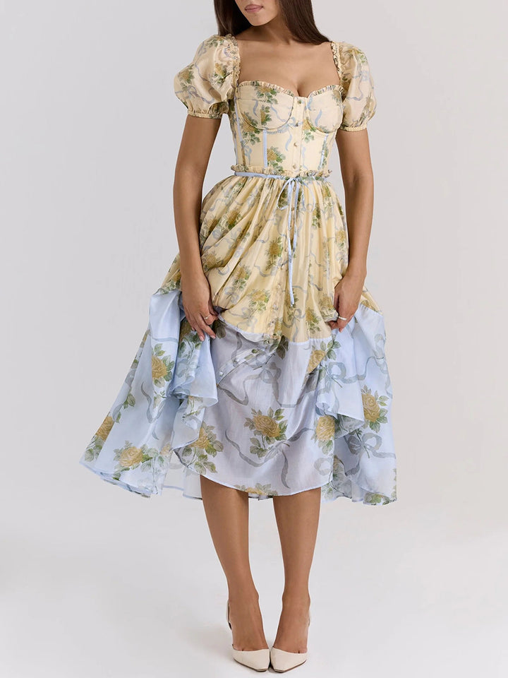 puff-sleeve corset dress with layered floral skirt – AKIALZU