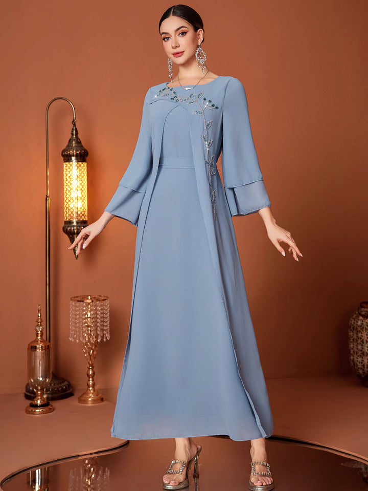 embroidered flare sleeve dress with draped waist - NOURALU