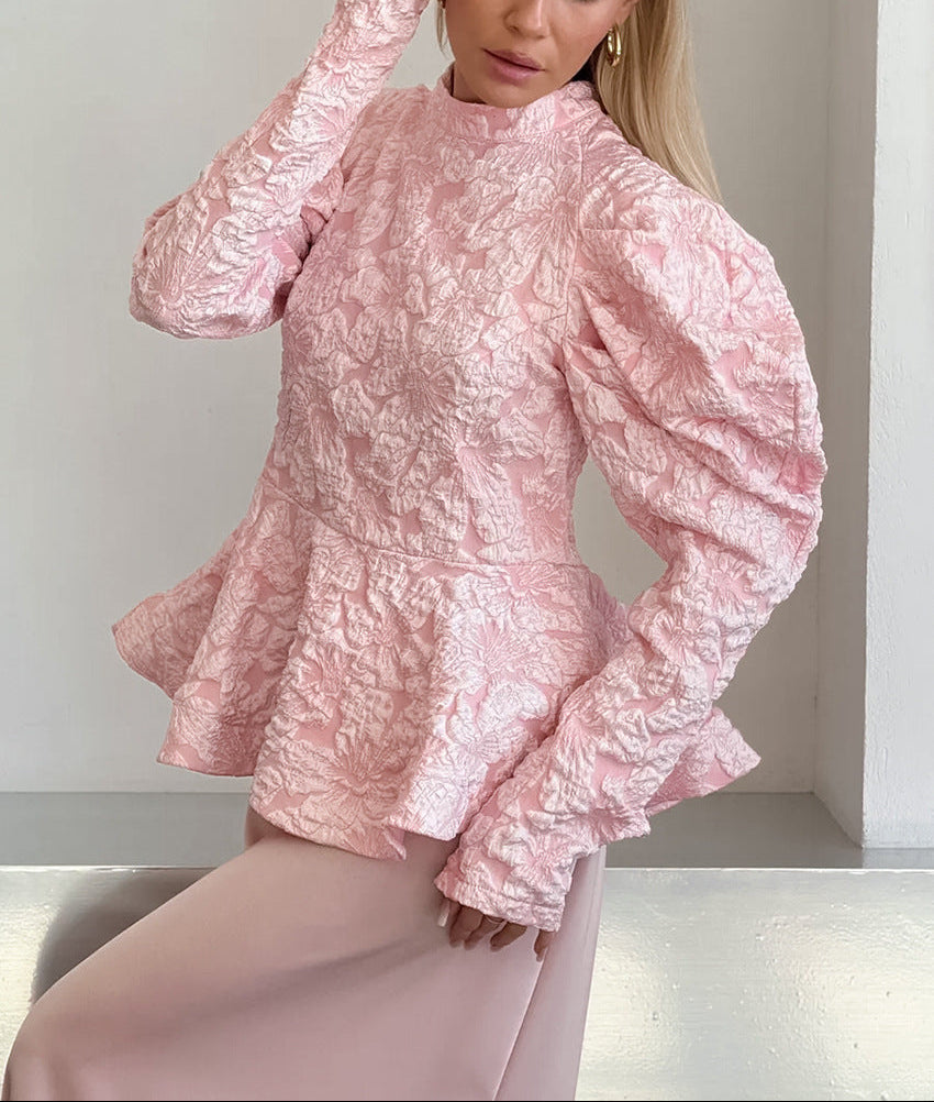 textured peplum blouse with sculpted puff sleeves – OPHELIA