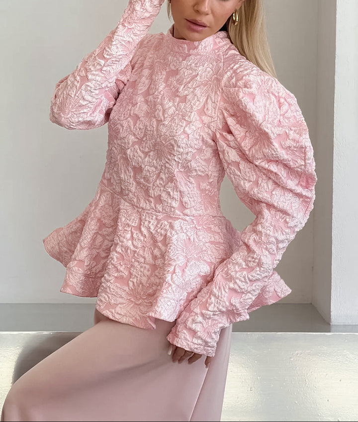 textured peplum blouse with sculpted puff sleeves – OPHELIA