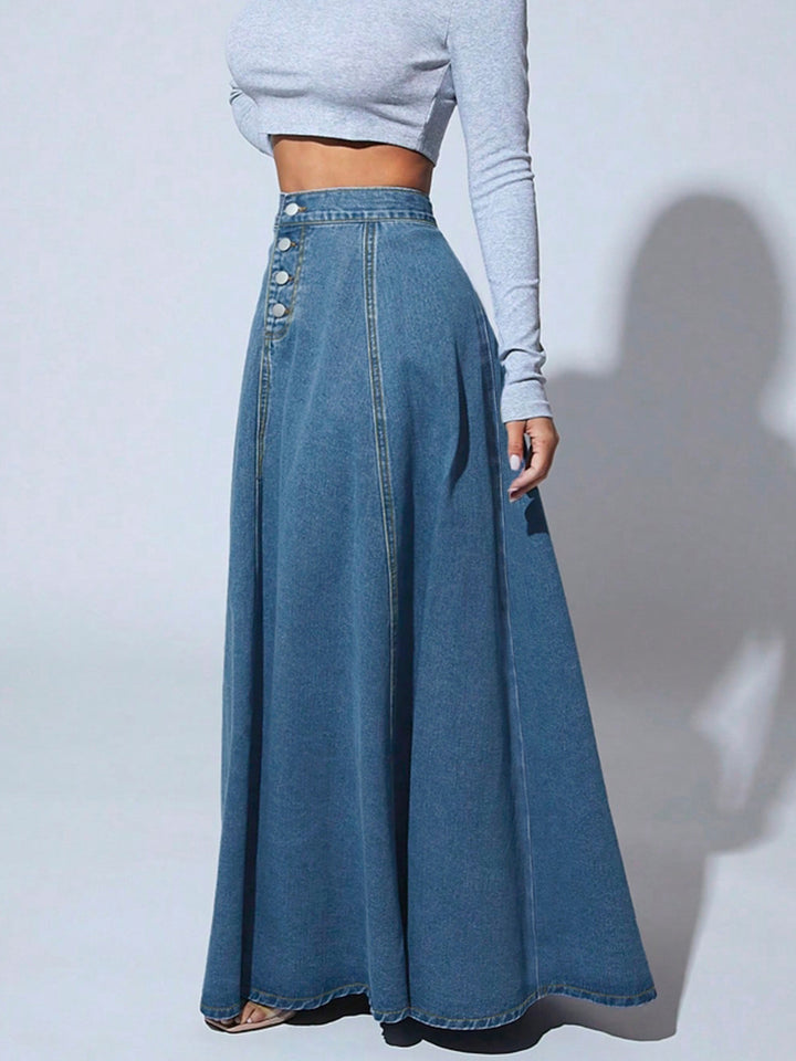high-waist flared denim maxi skirt with front buttons – MAYA