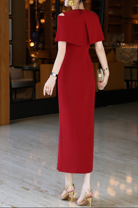 off-shoulder column dress with embellished cape – RUBY