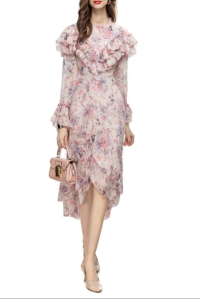 floral ruffle chiffon dress with layered hem – ROSALIE