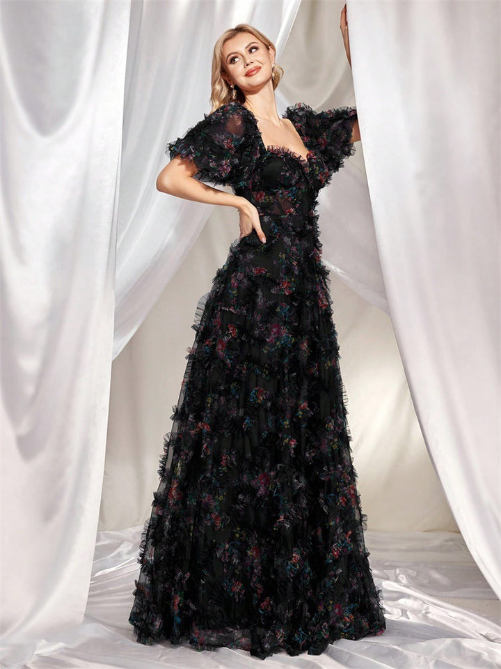 off-shoulder floral tulle gown with puff sleeves – NIGHT