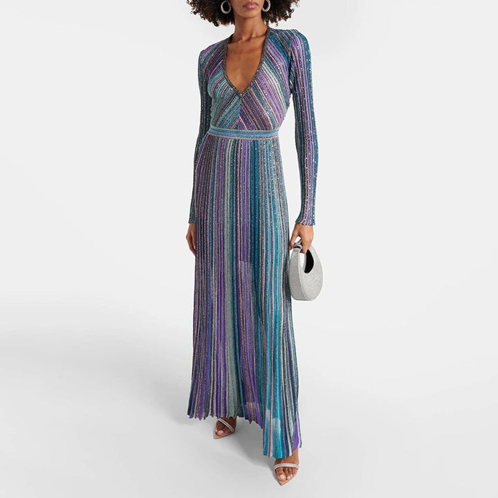 فستان مخطط معدني بأكمام طويلة ومطوي – سيديسبو