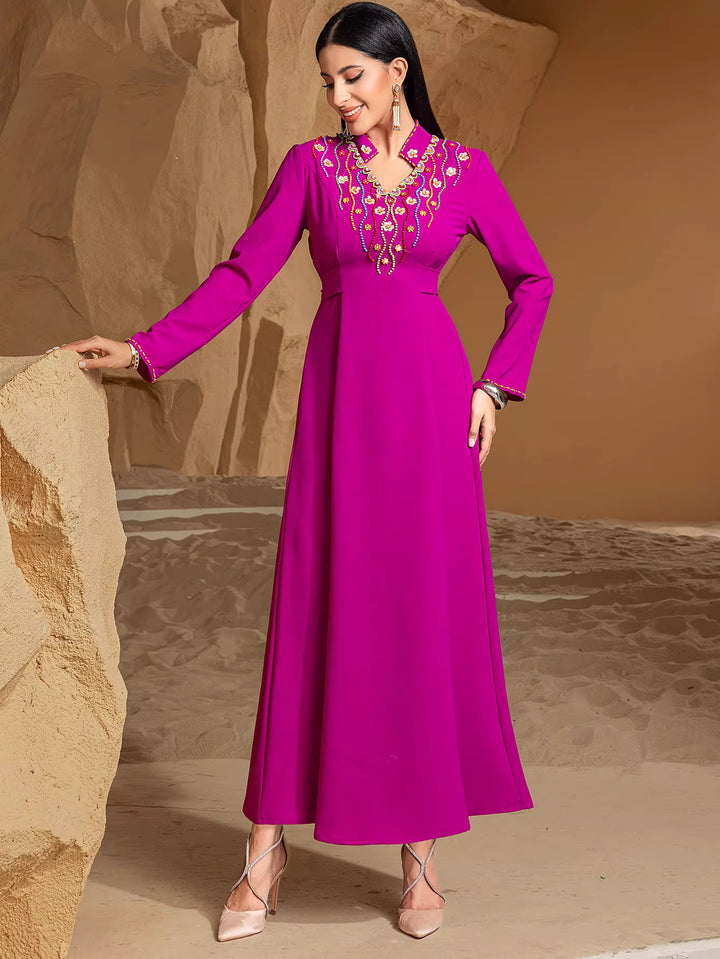 Embroidered V-Neck Maxi Dress with Long Sleeves – AMARIS