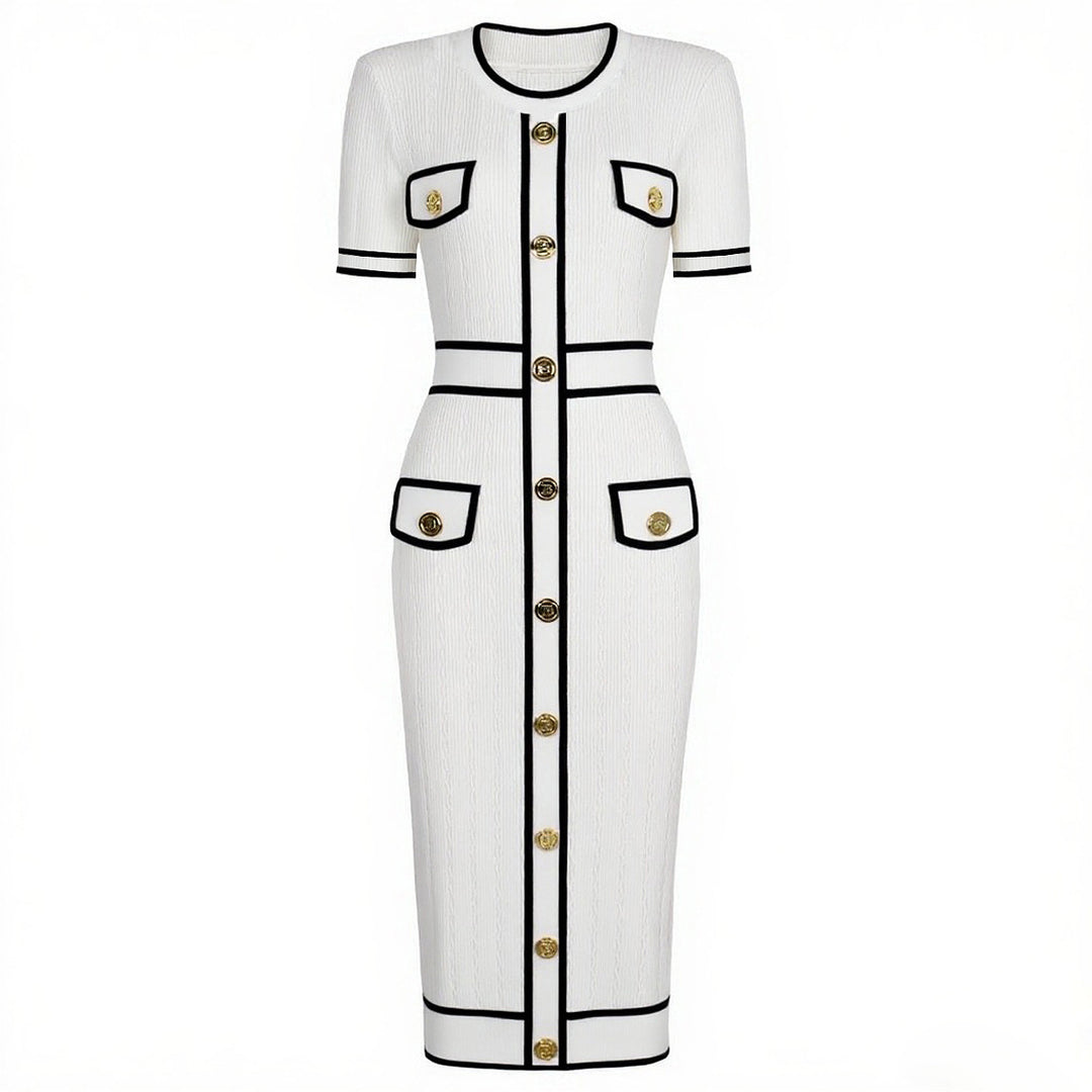 short-sleeve knit dress with contrast trim and gold buttons – CELINAMI
