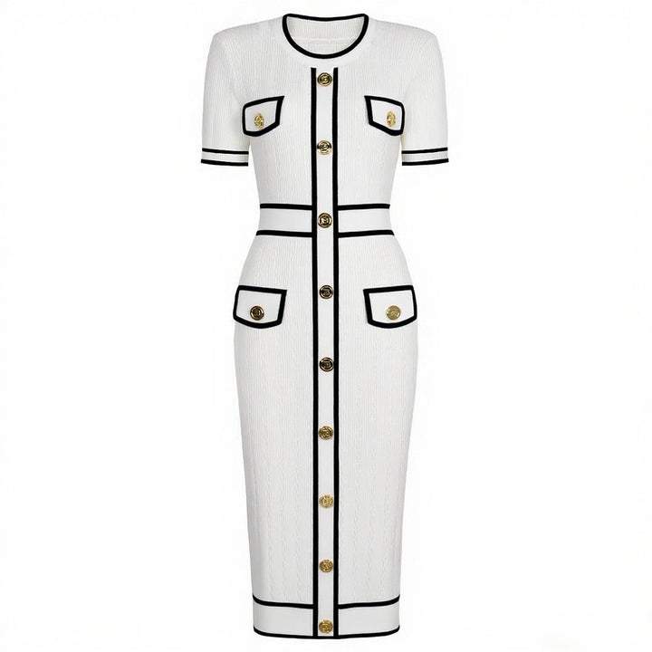 short-sleeve knit dress with contrast trim and gold buttons – CELINAMI
