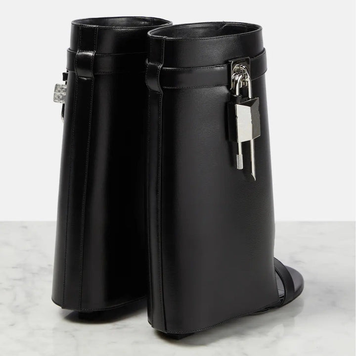 open-toe leather wedge boots with padlock detail – LUXE VAULT