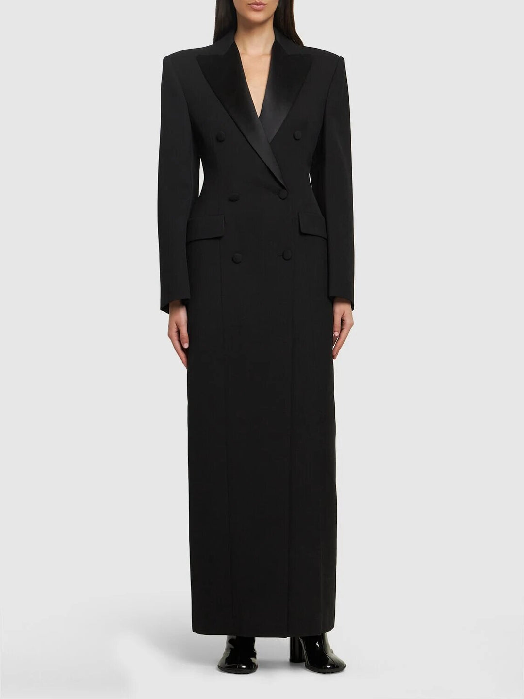 satin-lapel double-breasted long blazer dress – NOCTURNE