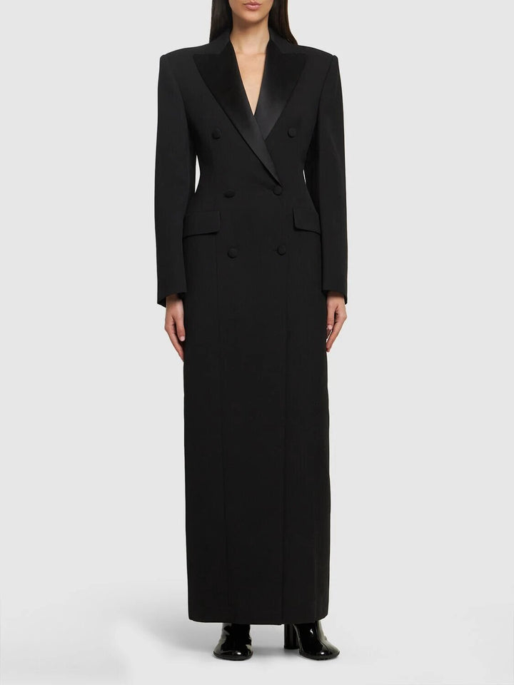 satin-lapel double-breasted long blazer dress – NOCTURNE
