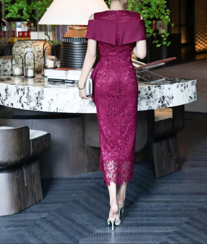 sequined lace dress with sculpted wrap bodice – RENÉ