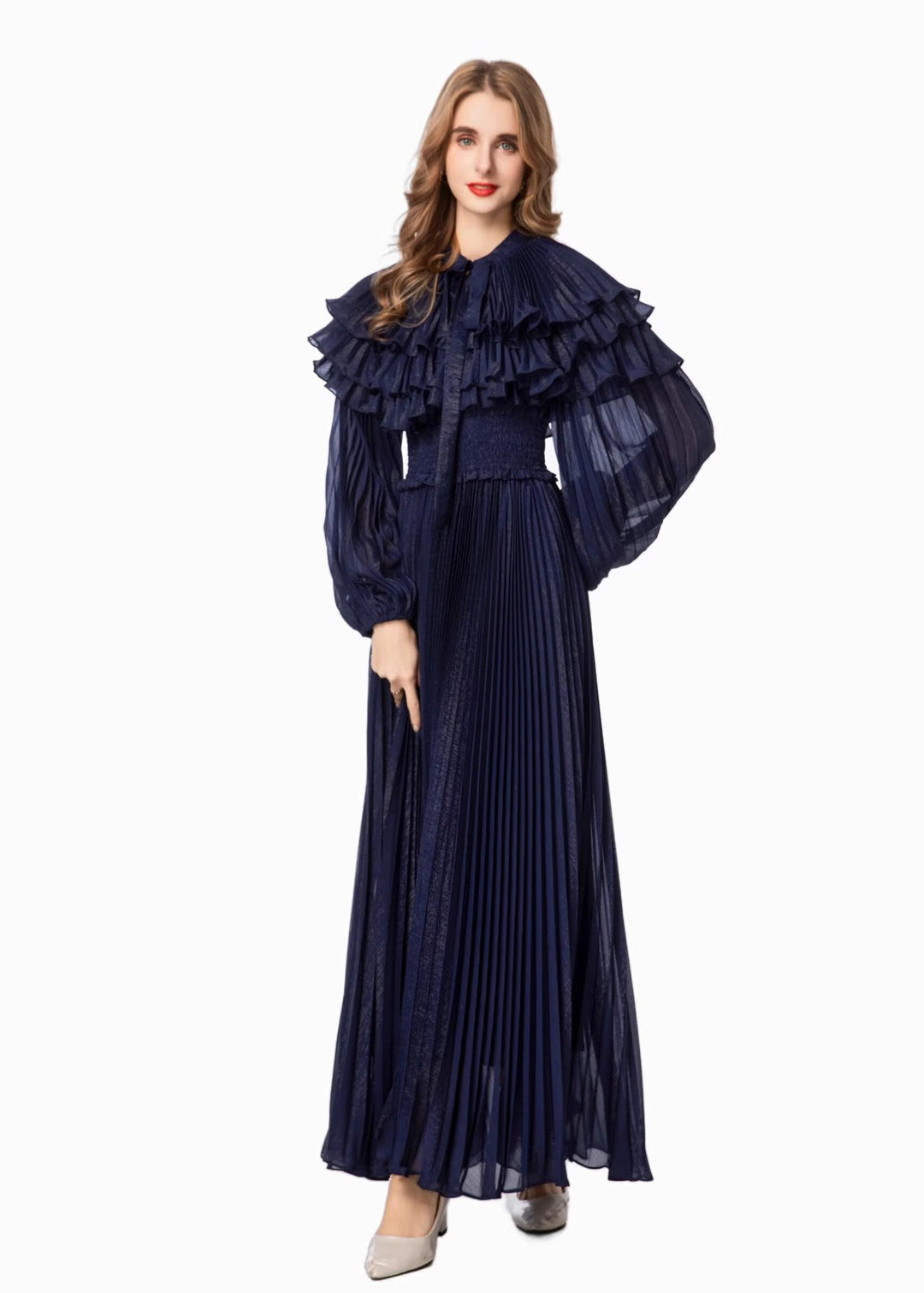 pleated chiffon maxi dress with layered ruffle collar – SERAPHINA