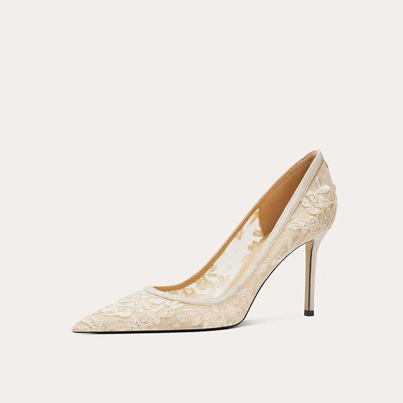 lace mesh stiletto pumps with floral embroidery – SERENAQIZ