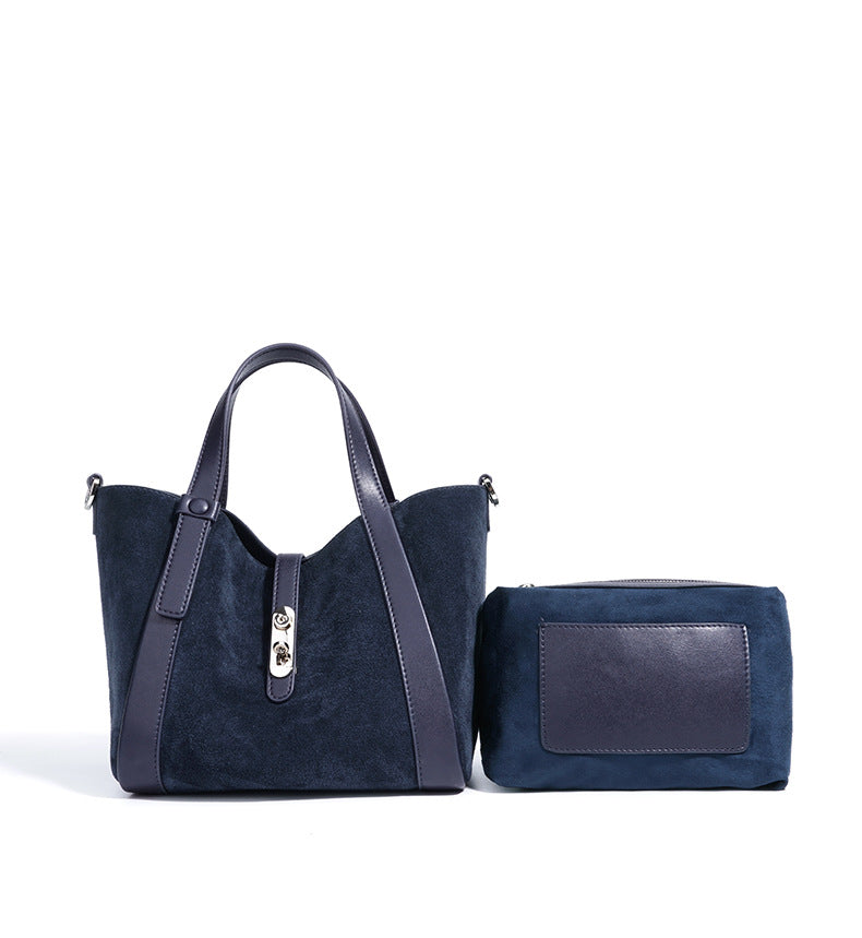 suede tote bag with leather trim and clasp – NOELLEVU