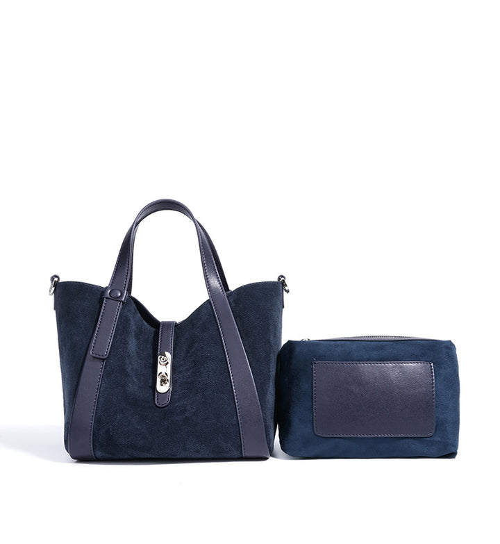 suede tote bag with leather trim and clasp – NOELLEVU