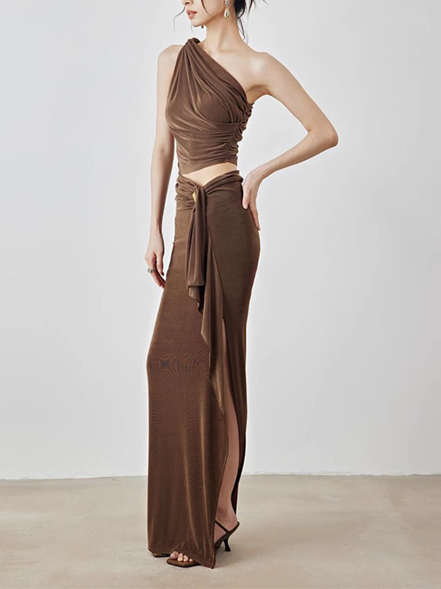 褶皱喇叭袖上衣和高腰裙套装，配腰带 – Rosiny 