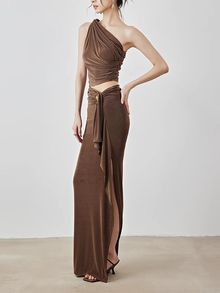 褶皱喇叭袖上衣和高腰裙套装，配腰带 – Rosiny 