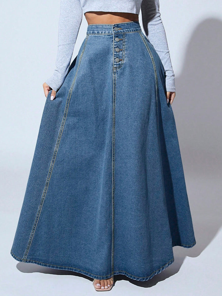 high-waist flared denim maxi skirt with front buttons – MAYA