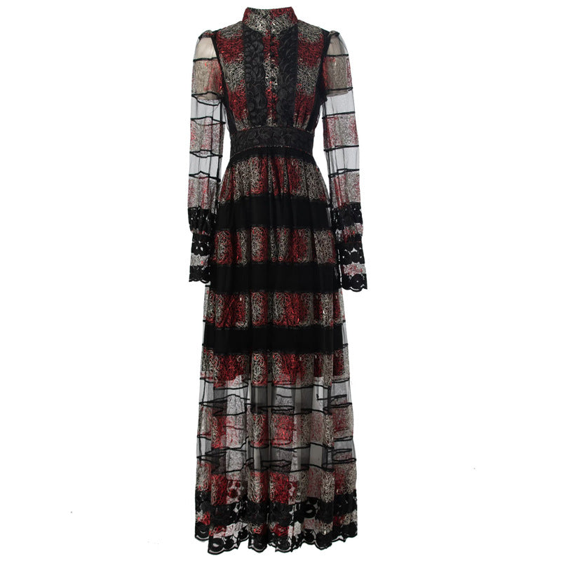 sheer lace-panel maxi dress with embroidered stripes – VIVIANA