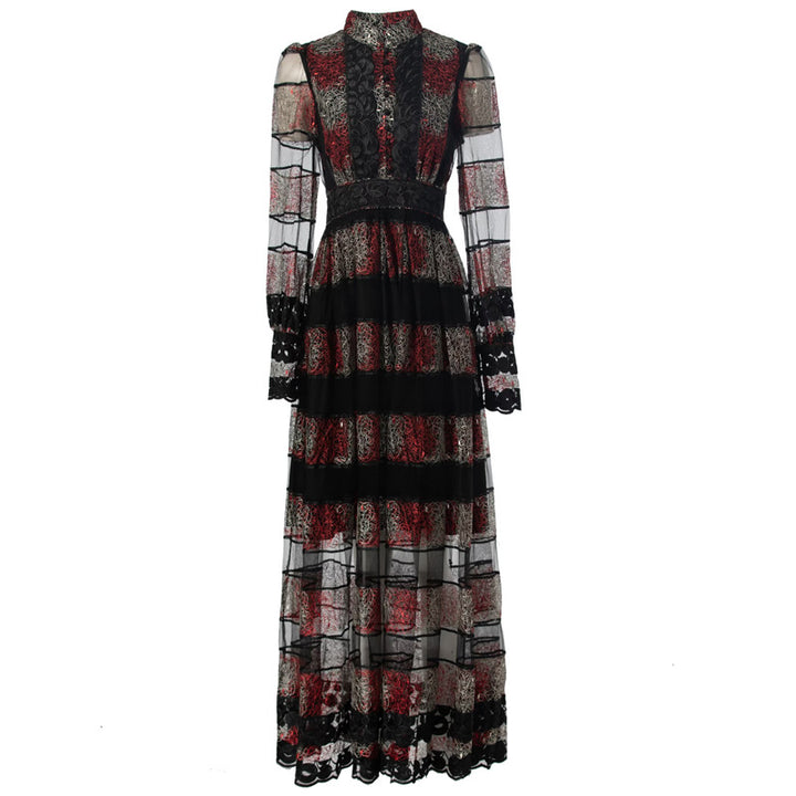 sheer lace-panel maxi dress with embroidered stripes – VIVIANA