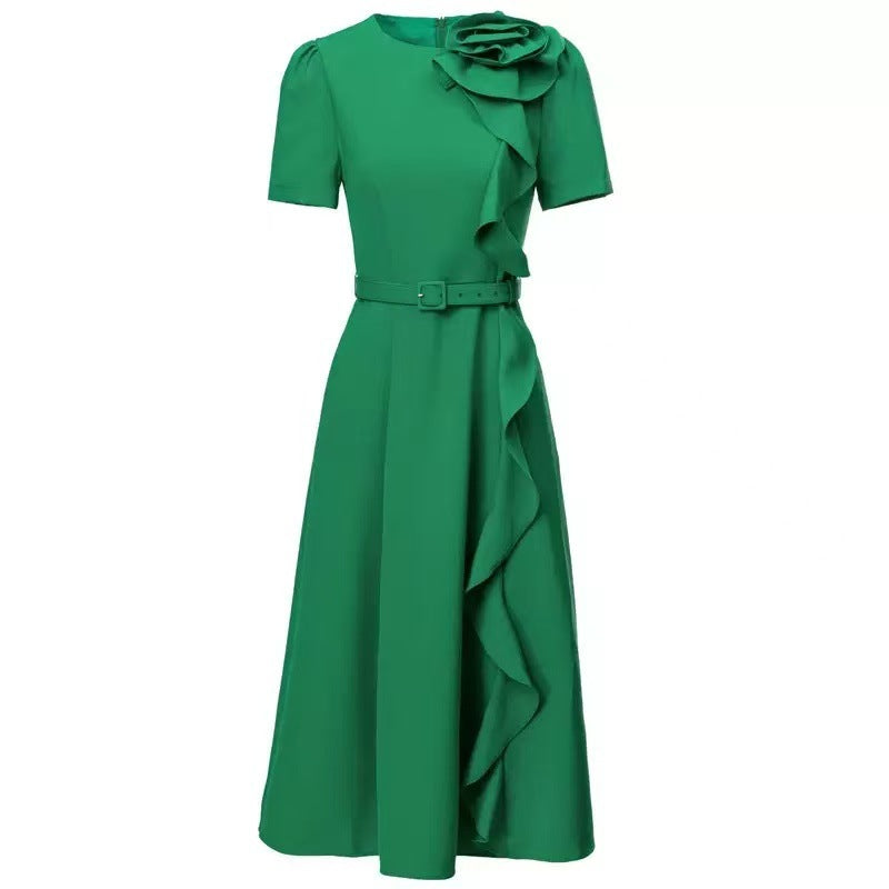 belted midi dress with cascading ruffle rose detail – FUCHSIA