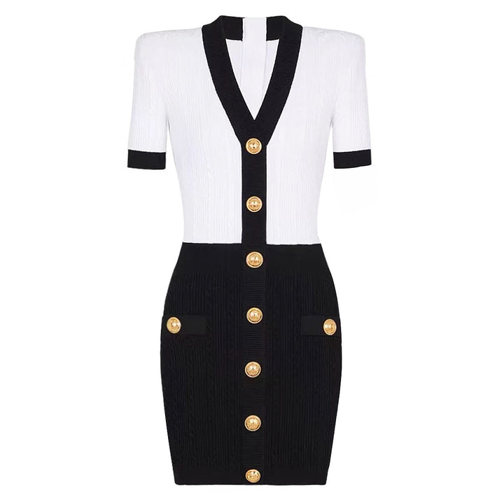short-sleeve contrast trim dress with gold buttons – CELINERDI