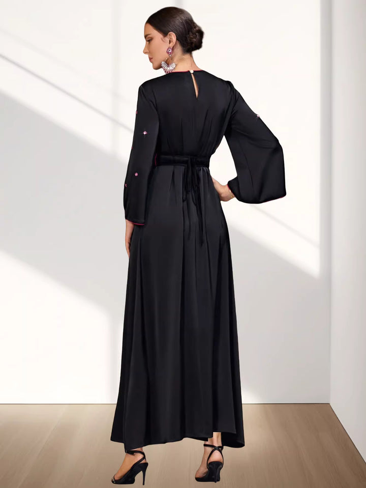 Embroidered Waist Maxi Dress with Sheer Neck Detail – ELYSIA