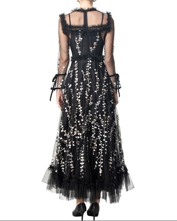 embroidered tulle gown with sheer sleeves – NOIR