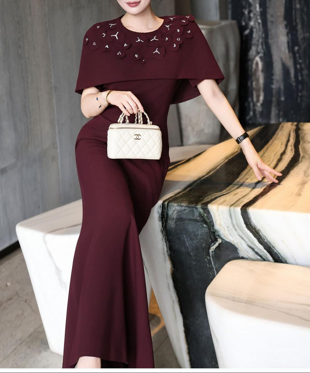 cape-shoulder mermaid dress with embellished neckline – FUCHSIA