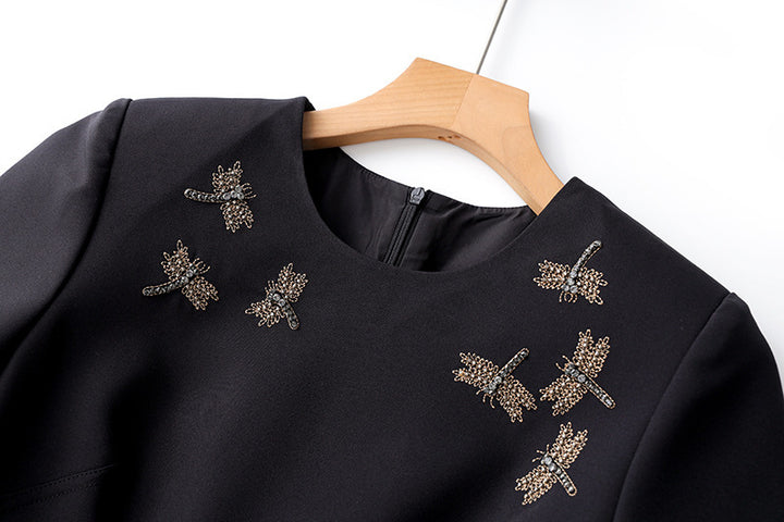 Short-sleeve midi dress with crystal dragonfly embellishments – STARLIT