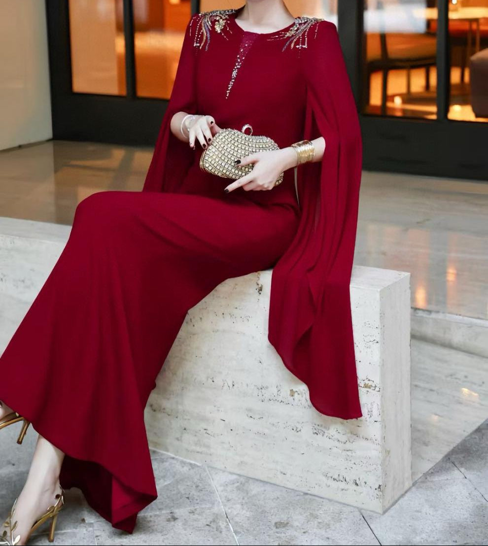 cape-sleeve mermaid dress with embellished shoulders – ROSABELLE