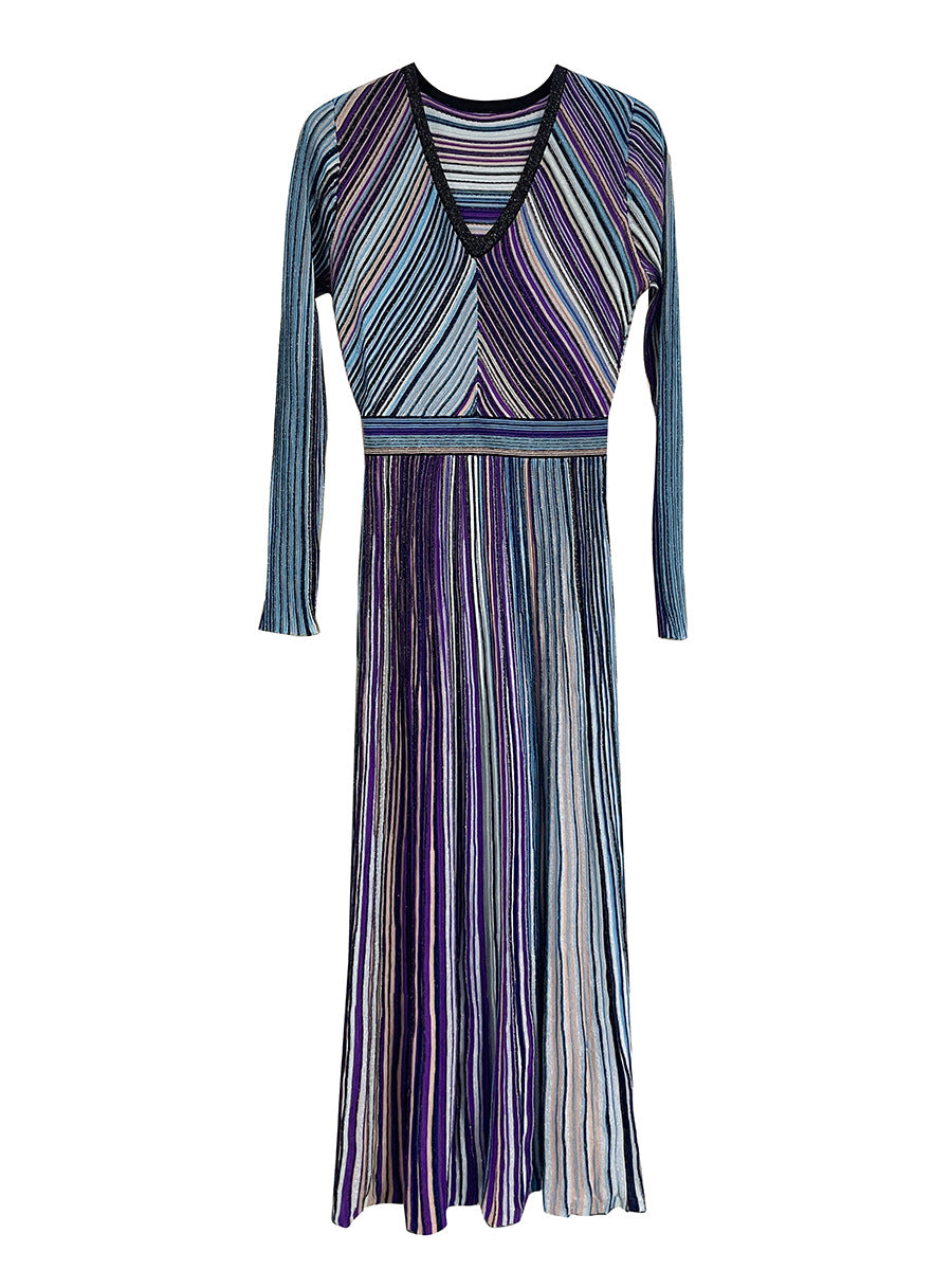 فستان مخطط معدني بأكمام طويلة ومطوي – سيديسبو