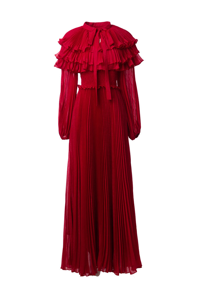 pleated chiffon maxi dress with layered ruffle collar – SERAPHINA